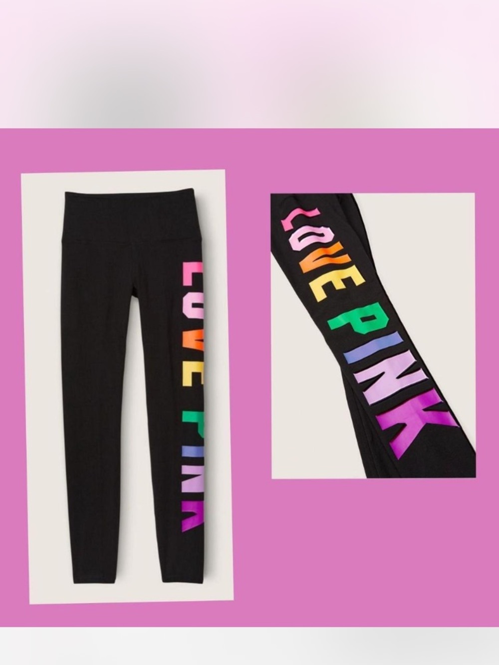 Victoria's Secret Black Leggings with Multicolor LOVE PINK Side Print
